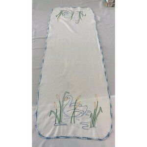 VTG Dish Towel Table Runner Hand Embroidery Swan & Lily Crocheted Edge. 39”X1